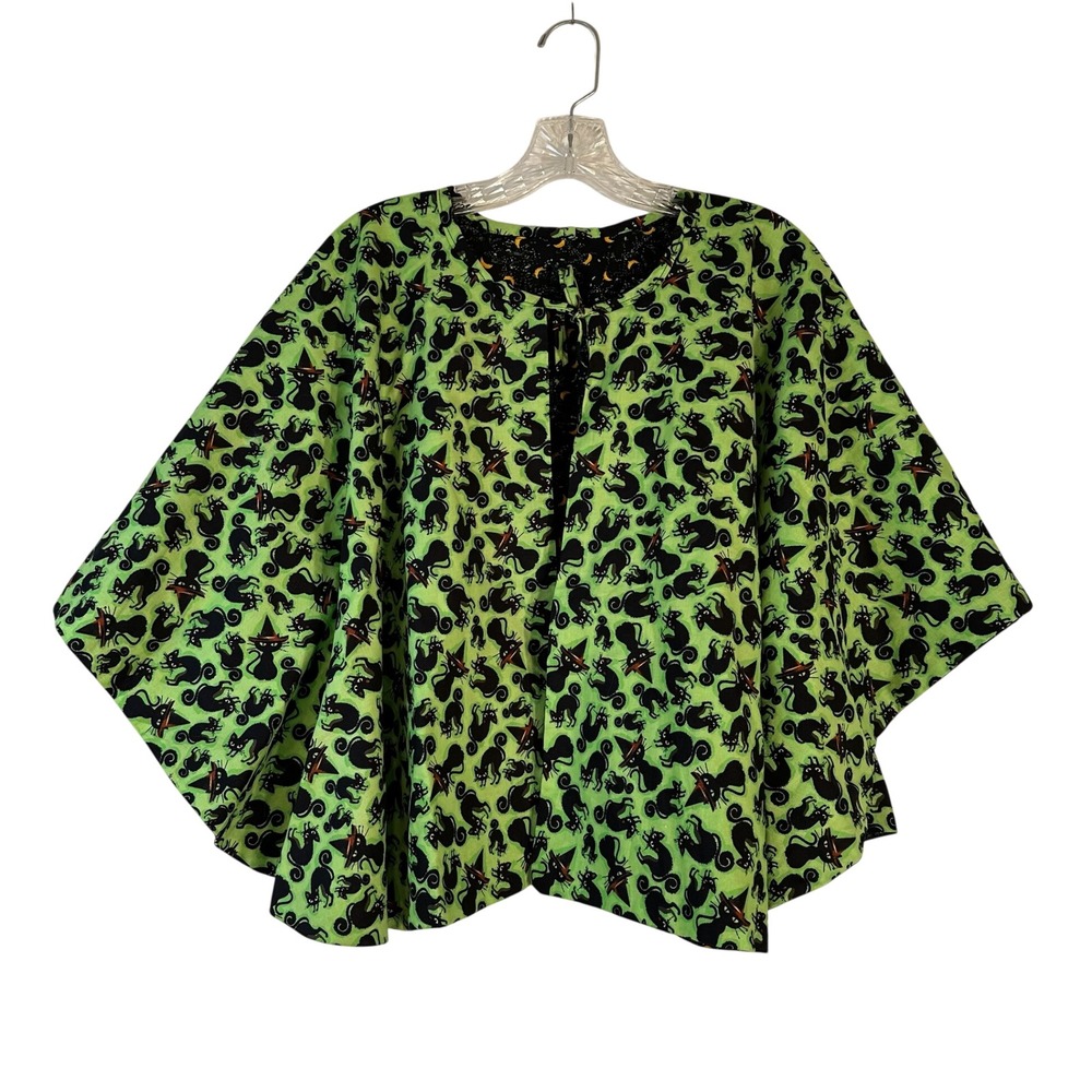 Handmade‎ Reversible Halloween Capelet Poncho Black Cats Witch Hats Green Black